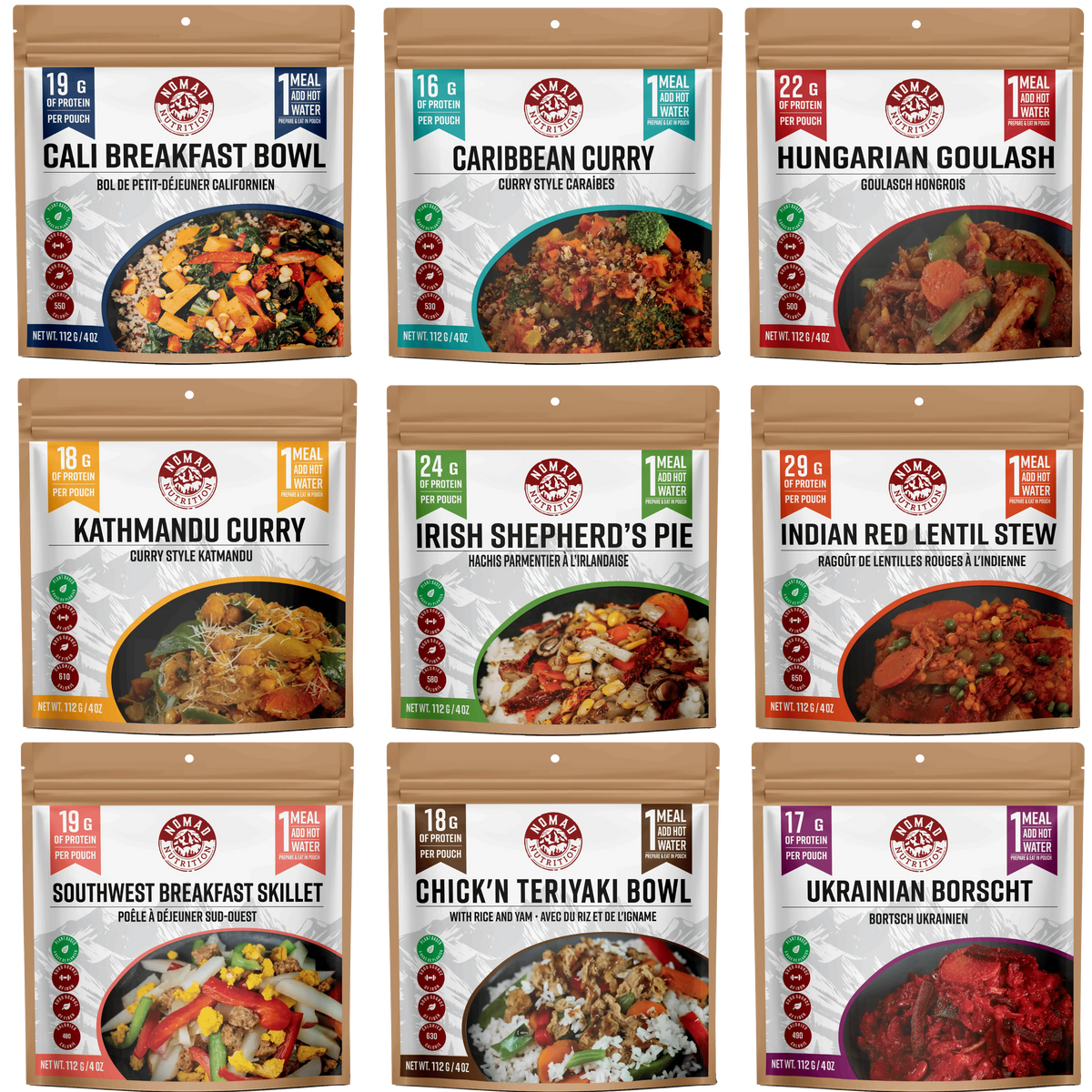 Nine Nomad Nutrition vegan protein power packs in individual 112g dehydrated meal packages, gluten-free and plant-based.