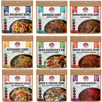 Nine Nomad Nutrition vegan protein power packs in individual 112g dehydrated meal packages, gluten-free and plant-based.