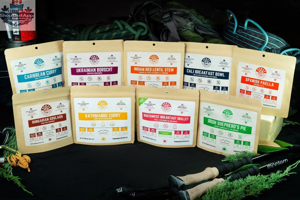 Nine Nomad Nutrition vegan protein power packs with dehydrated, gluten-free plant-based food servings in individual packages.
