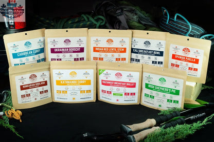 Nine Nomad Nutrition vegan protein power packs with dehydrated, gluten-free plant-based food servings in individual packages.