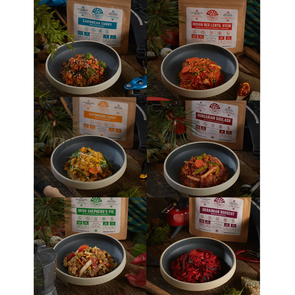 Nomad Nutrition Power Pack with 9 single-serving vegan protein dehydrated meal packs, gluten-free, plant-based food.