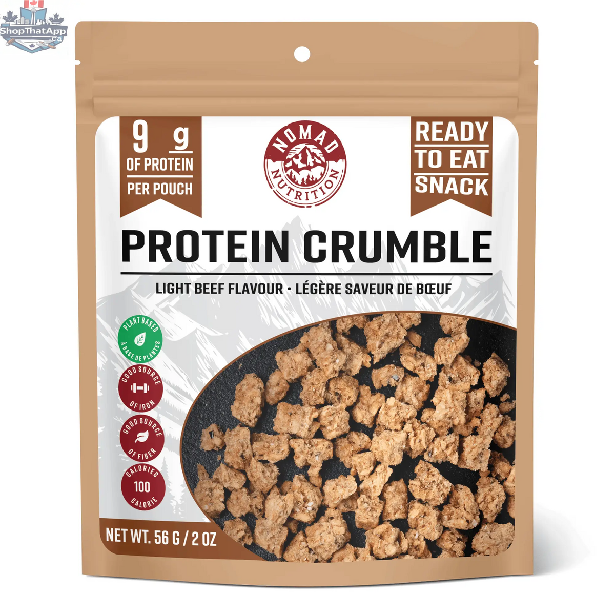 Light beef flavor protein crumble by Nomad Nutrition, showing dehydrated, gluten-free, vegan beef-flavored snack in a close-up image.