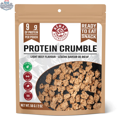 Light beef flavor protein crumble by Nomad Nutrition, showing dehydrated, gluten-free, vegan beef-flavored snack in a close-up image.