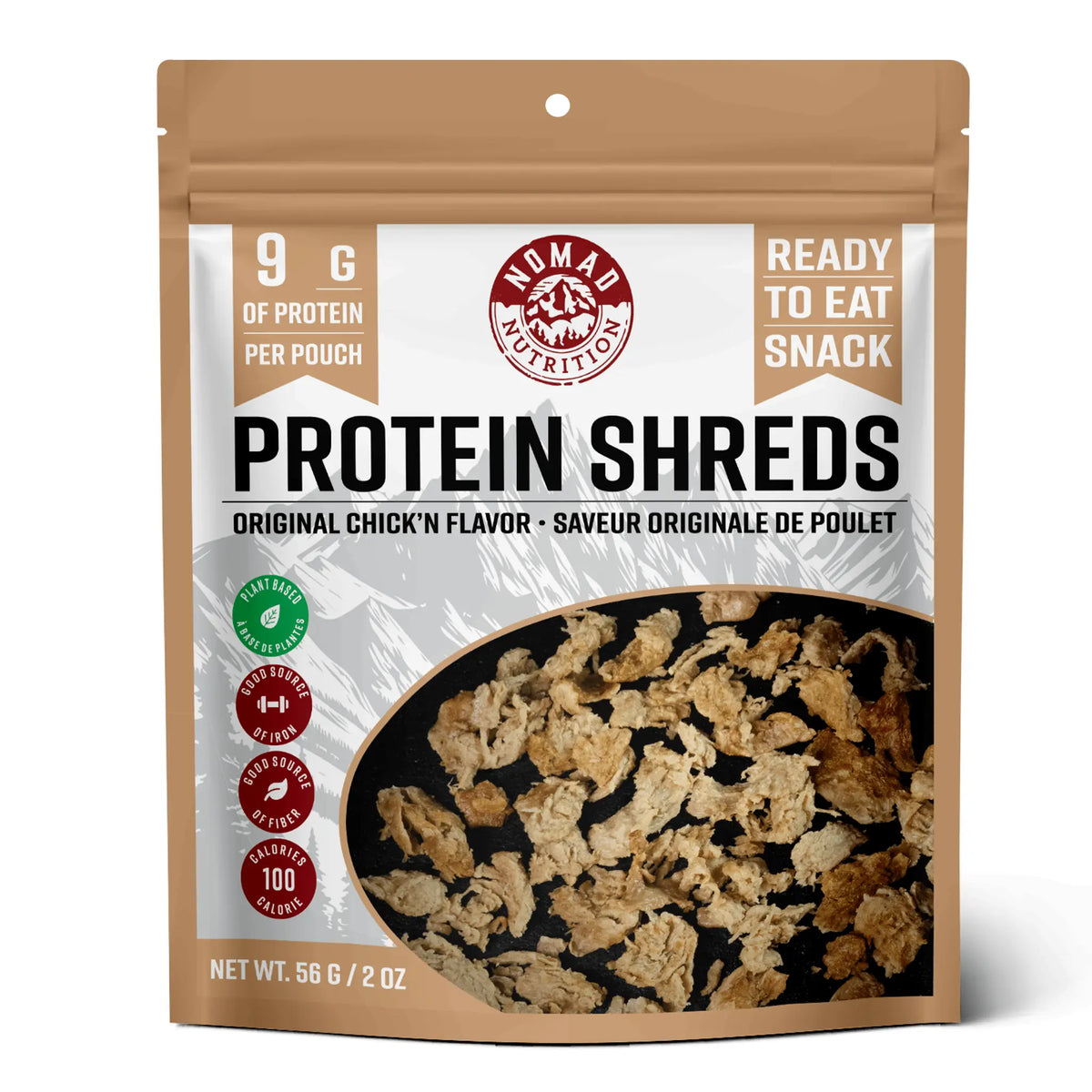 Plant-based protein shreds by Nomad Nutrition, chicken flavor, vegan, gluten-free dehydrated food with chick'n texture.