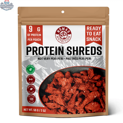 Nomad Nutrition Protein Shreds Peri Peri flavor, plant-based vegan dehydrated gluten-free food snack.