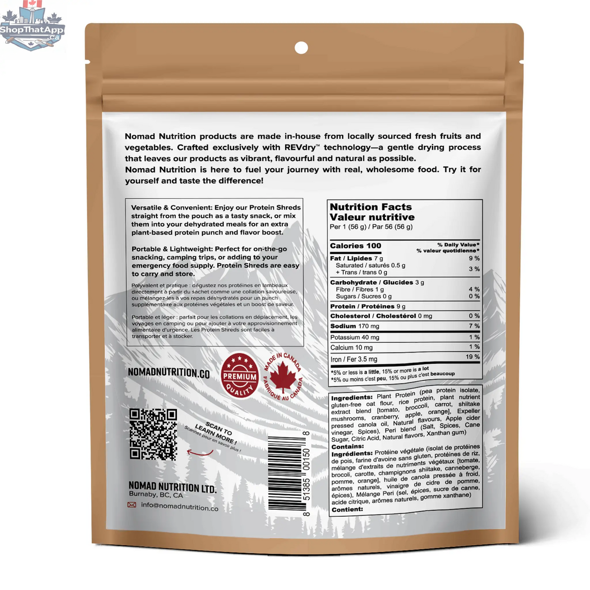 Nomad Nutrition Protein Shreds in Peri Peri flavor, plant-based vegan dehydrated gluten-free food product showing shredded packaging.
