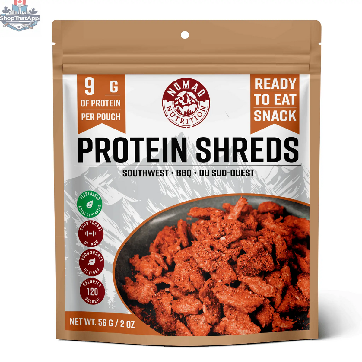Nomad Nutrition Southwest BBQ Protein Shreds, plant-based vegan high-protein snack with dehydrated, gluten-free ingredients.