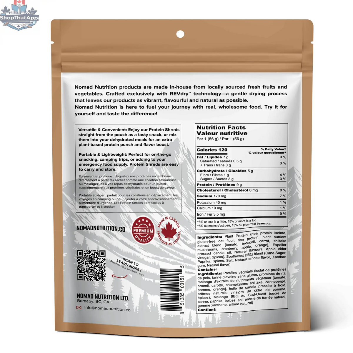 Nomad Nutrition Southwest BBQ Protein Shreds snack with plant-based, vegan, gluten-free dehydrated high-protein treat for fitness enthusiasts.