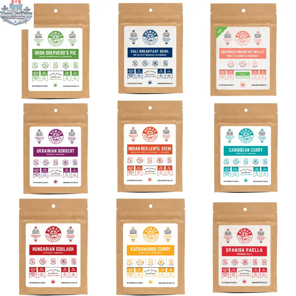 Nomad Nutrition Food Sampler Pack featuring plant-based, vegan, dehydrated, gluten-free snack options in a variety of flavors.