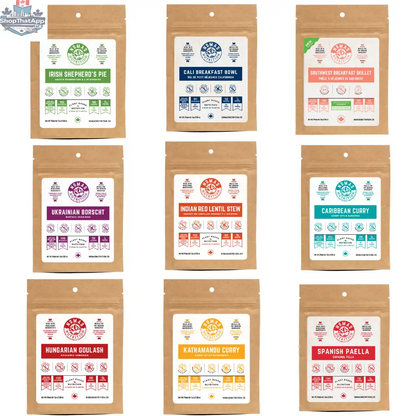 Nomad Nutrition Food Sampler Pack featuring plant-based, vegan, dehydrated, gluten-free snack options in a variety of flavors.