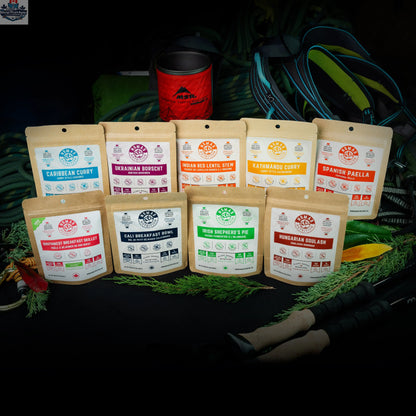 Nomad Nutrition food sampler pack featuring plant-based, vegan, gluten-free dehydrated snacks in a variety pack.