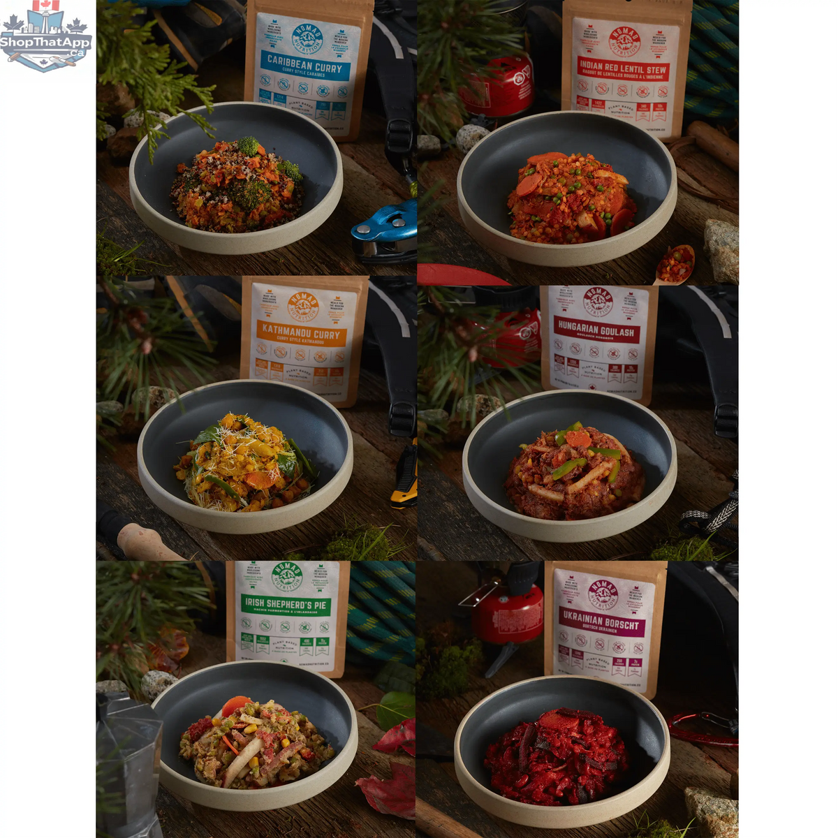 Nomad Nutrition Food Ascent Pack sampler with 6 plant-based, vegan, dehydrated, gluten-free snack packs in 56g sizes.