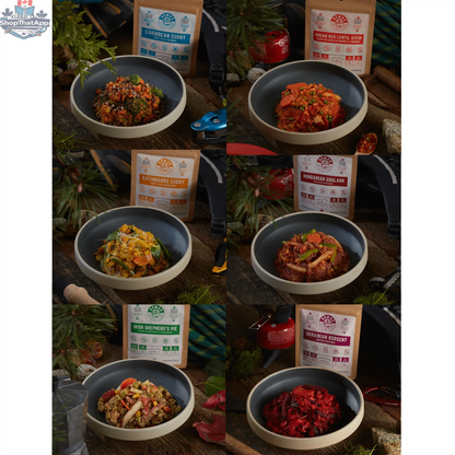 Nomad Nutrition Food Ascent Pack sampler with 6 plant-based, vegan, dehydrated, gluten-free snack packs in 56g sizes.