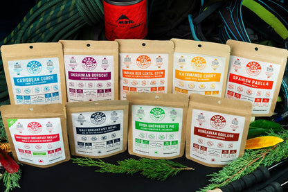 Nomad Nutrition sampler pack featuring plant-based, vegan, gluten-free dehydrated snack samples in an assortment pack.