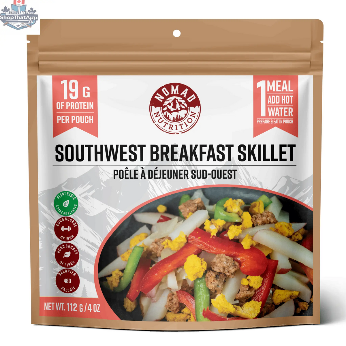 Nomad Nutrition Southwest Breakfast Skillet in a bowl, featuring plant-based, vegan, gluten-free dehydrated meal with colorful vegetables.