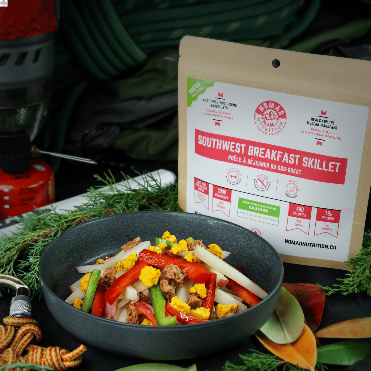 Dehydrated Southwest Breakfast Skillet by Nomad Nutrition, a plant-based, vegan, gluten-free food meal with colorful vegetables.