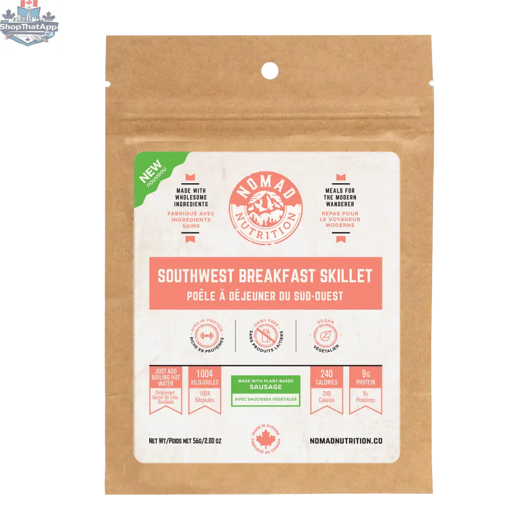 Dehydrated vegan Southwest Breakfast Skillet from Nomad Nutrition, gluten-free plant-based food in a half-serving packet.