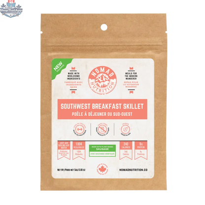 Dehydrated vegan Southwest Breakfast Skillet from Nomad Nutrition, gluten-free plant-based food in a half-serving packet.