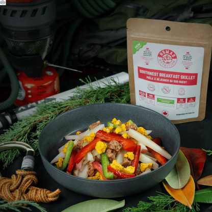 Dehydrated Southwest Breakfast Skillet by Nomad Nutrition, vegan and gluten-free, with vegetables and spices in a half-serving size.