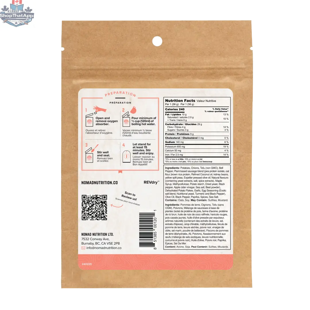 Vegan Southwest Breakfast Skillet by Nomad Nutrition, gluten-free dehydrated plant-based meal in a 56g serving.