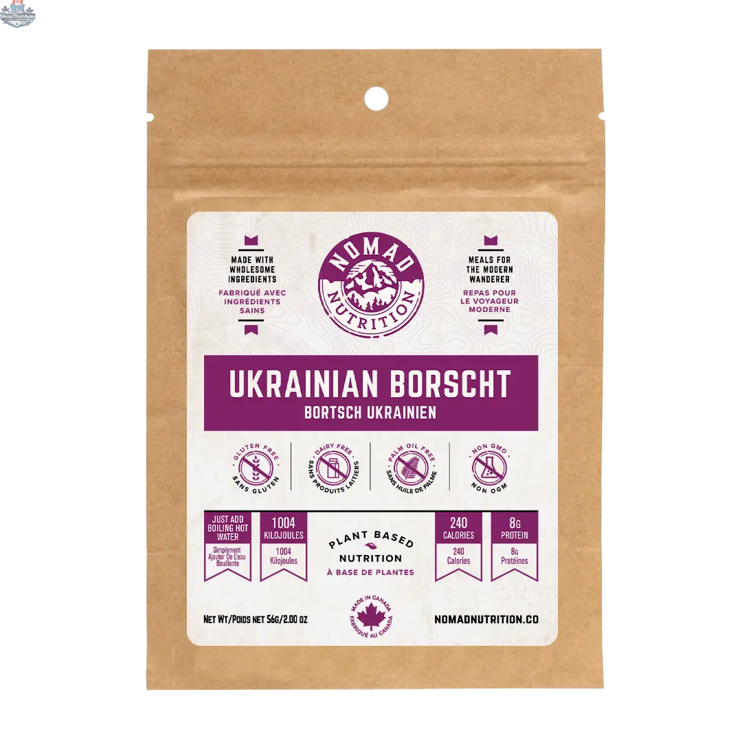 Dehydrated Ukrainian Borscht from Nomad Nutrition, vegan and gluten-free, served in a bowl with vibrant beetroot and vegetable ingredients.