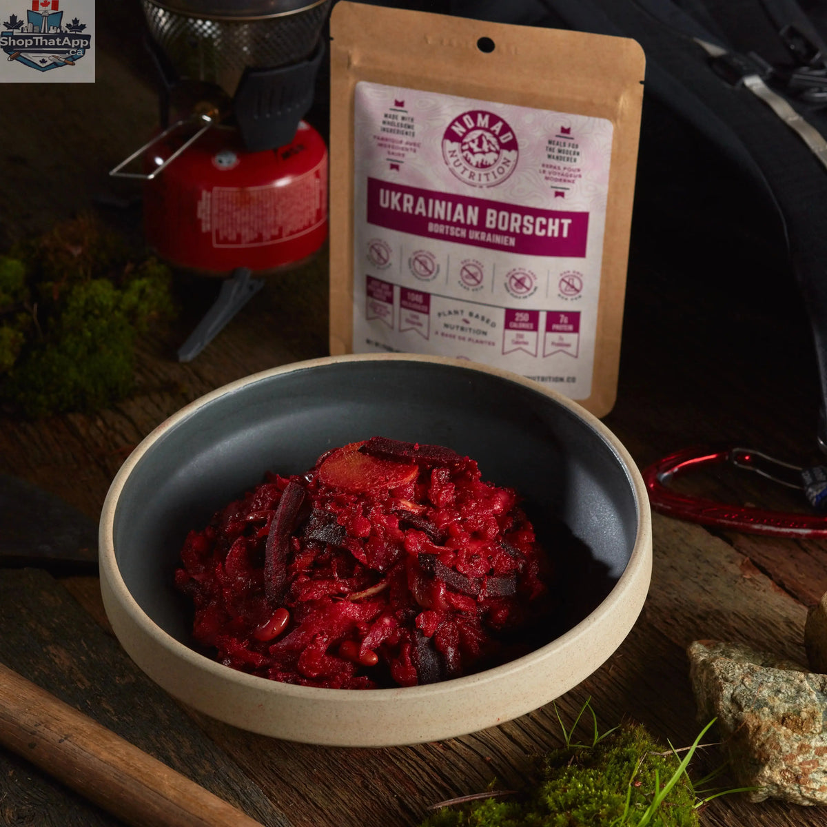 Dehydrated Ukrainian Borscht soup in a 56g package from Nomad Nutrition, showcasing vibrant vegetable ingredients and soup base.