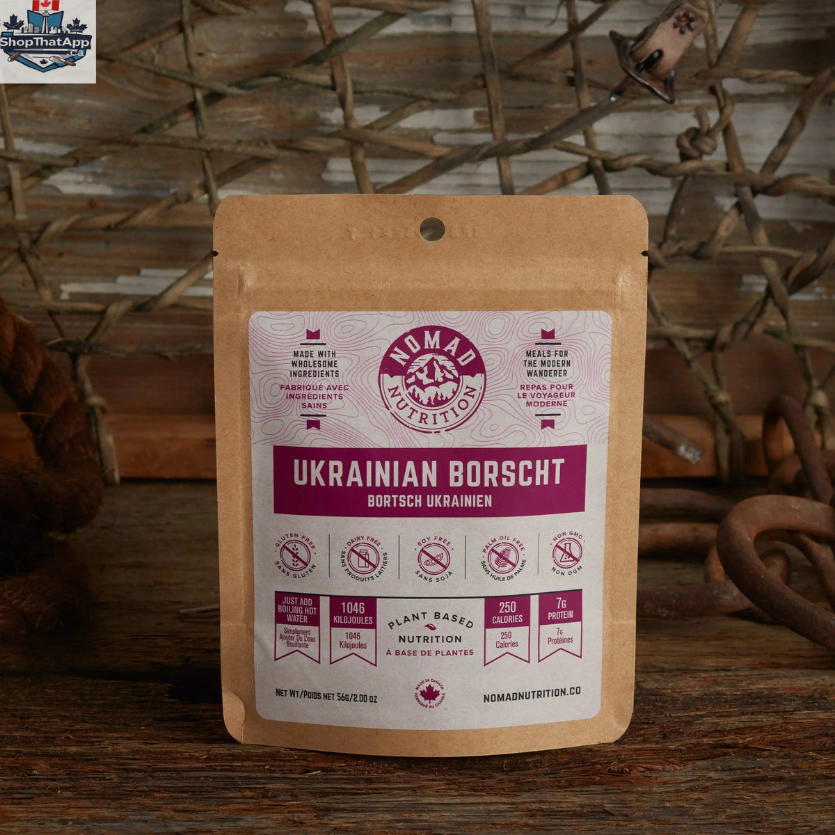 Dehydrated Ukrainian Borscht soup by Nomad Nutrition, vegan and gluten-free, served in a half portion with vibrant vegetables and broth.