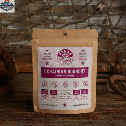 Dehydrated Ukrainian Borscht soup by Nomad Nutrition, vegan and gluten-free, served in a half portion with vibrant vegetables and broth.