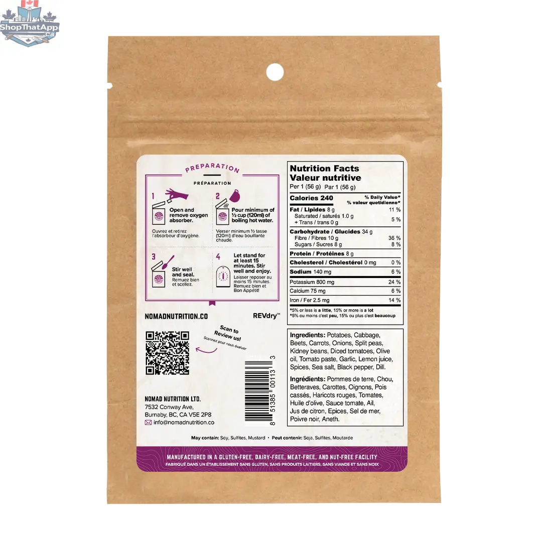 Dehydrated Ukrainian Borscht from Nomad Nutrition in a 56g serving, showcasing vibrant vegetables and traditional Eastern European flavors.