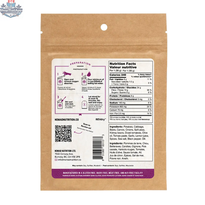 Dehydrated Ukrainian Borscht from Nomad Nutrition in a 56g serving, showcasing vibrant vegetables and traditional Eastern European flavors.