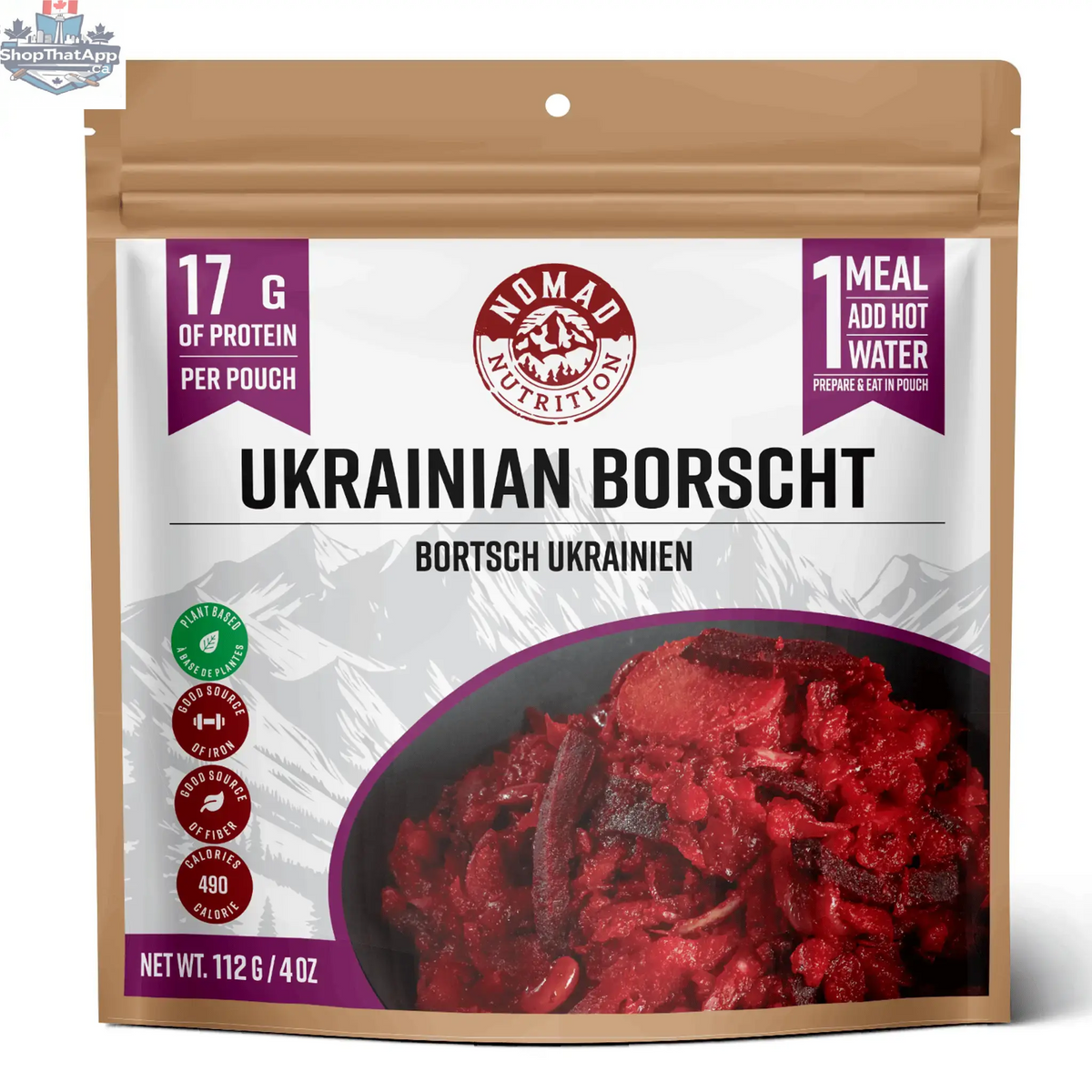 Dehydrated Ukrainian Borscht soup by Nomad Nutrition, showcasing vibrant red beet-based vegan and gluten-free Ukrainian dish.