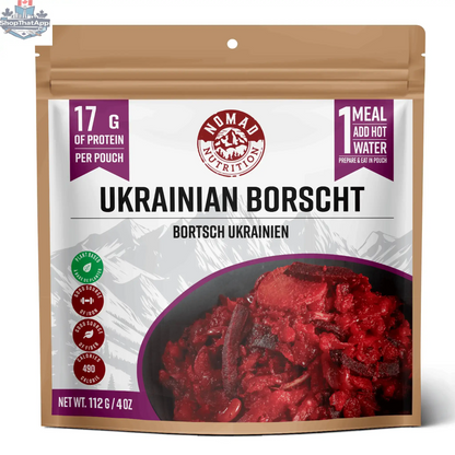 Dehydrated Ukrainian Borscht soup by Nomad Nutrition, showcasing vibrant red beet-based vegan and gluten-free Ukrainian dish.