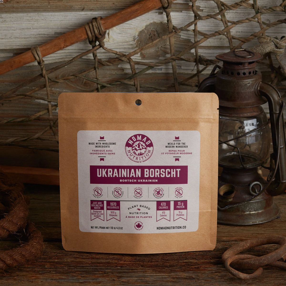 Dehydrated Ukrainian Borscht by Nomad Nutrition, a vegan, gluten-free plant-based food meal with vibrant beetroot and vegetable chunks.