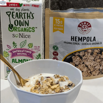 Westcoast Hempola cereal by Nomad Nutrition featuring original hemp seed breakfast cereal in a bowl with hemp seeds and plant-based ingredients.