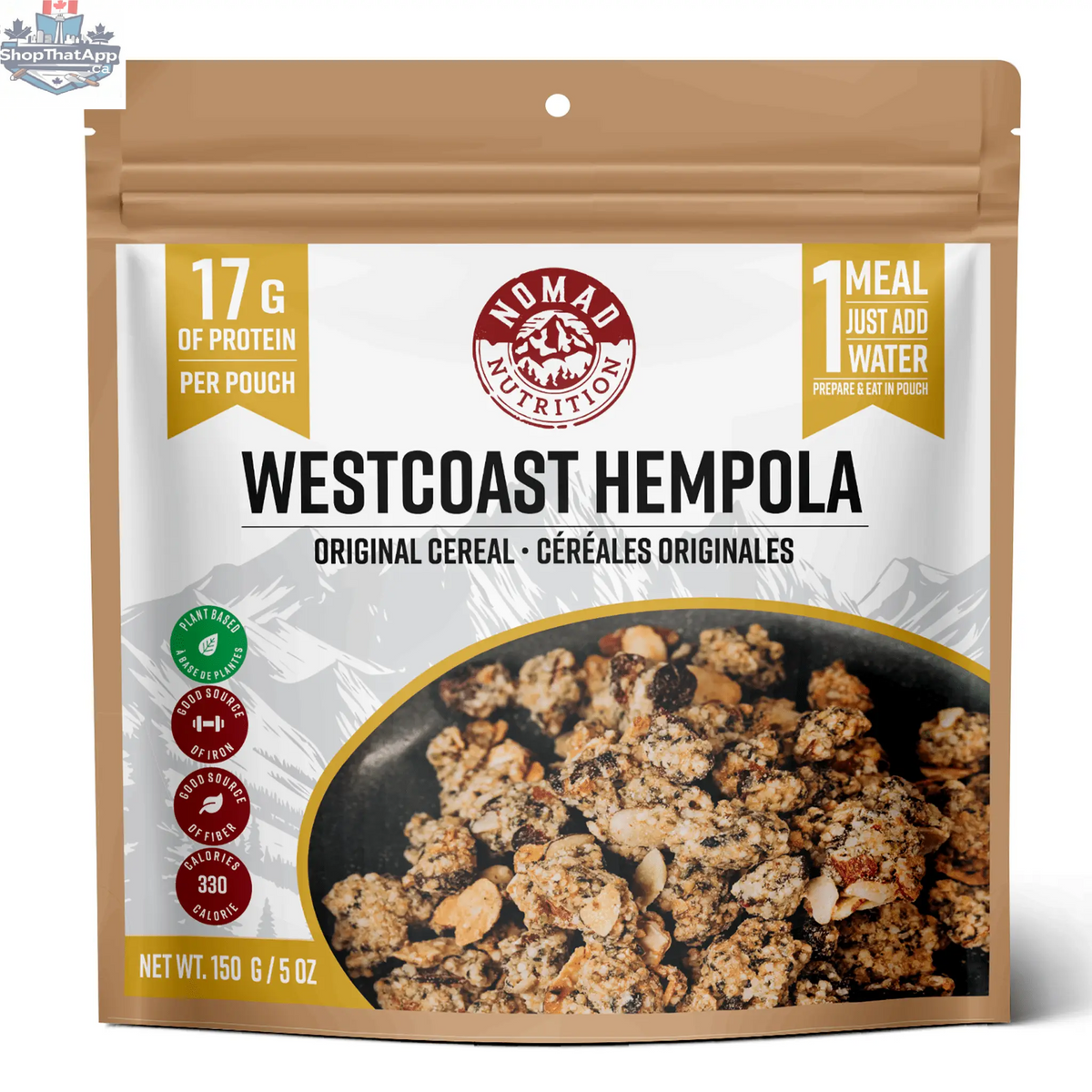 Westcoast Hempola Original cereal by Nomad Nutrition featuring hemp, gluten-free, plant-based, vegan dehydrated food with adaptogenic hot chocolate