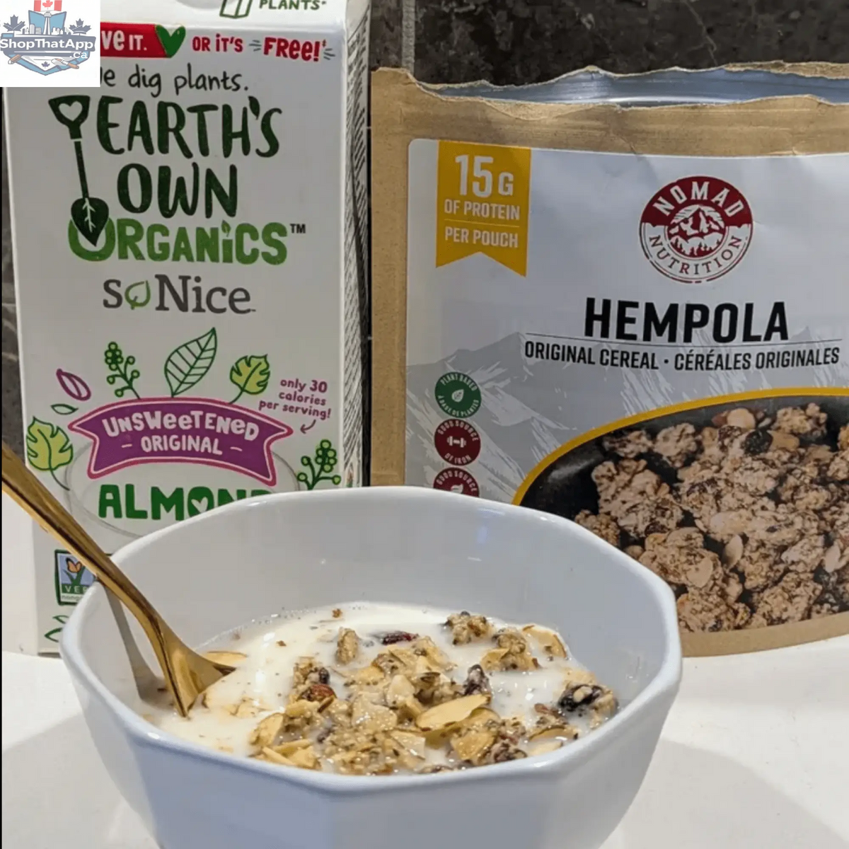Westcoast Hempola Original cereal by Nomad Nutrition, featuring hemp and adaptogenic hot chocolate in a natural, plant-based food image.