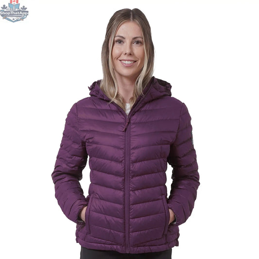 Northern Sun women's packable lightweight down jacket, front view showing sleek design and compact packing feature.