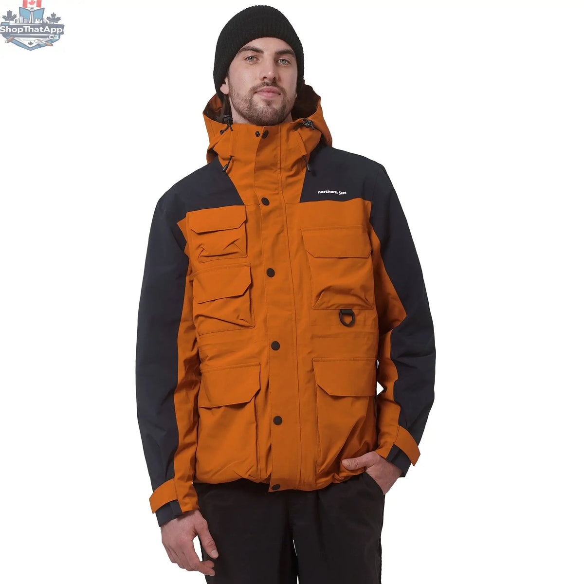 Northern Sun men's 3-in-1 waterproof winter parka showing a front view with hood and multiple zipper pockets for cold weather protection.