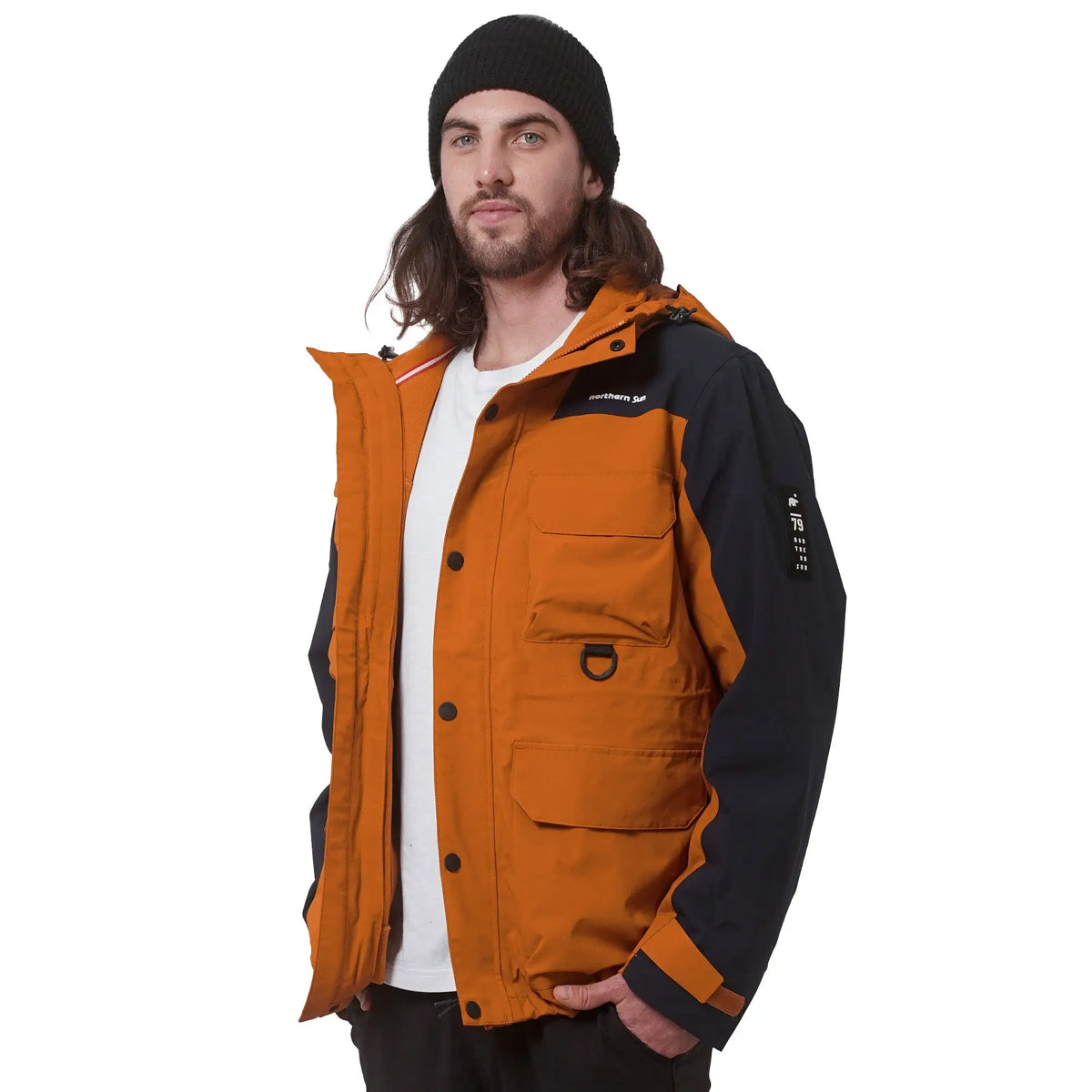 Side view of Northern Sun men's 3-in-1 waterproof winter parka showing its durable outer shell and removable inner layer.