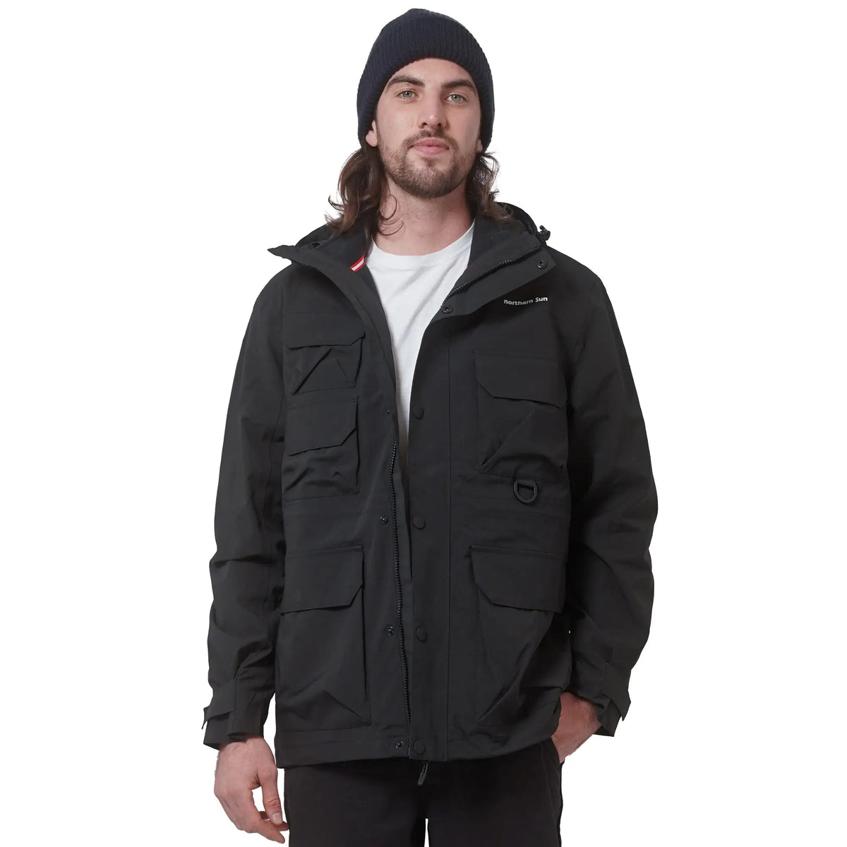 Black men's 3-in-1 waterproof winter parka by Northern Sun, front view showing insulated design and durable outer shell.