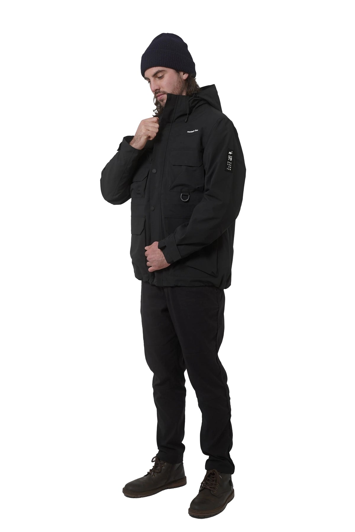 Black men's Northern Sun 3-in-1 waterproof winter parka with cargo pockets and adjustable hood, layered for versatile cold-weather wear.