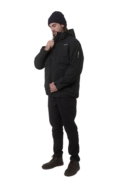 Black men's Northern Sun 3-in-1 waterproof winter parka with cargo pockets and adjustable hood, layered for versatile cold-weather wear.