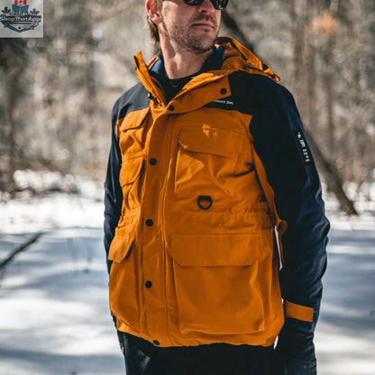 Northern Sun men's 3-in-1 waterproof winter parka in orange and blue with adjustable hood and multiple pockets.