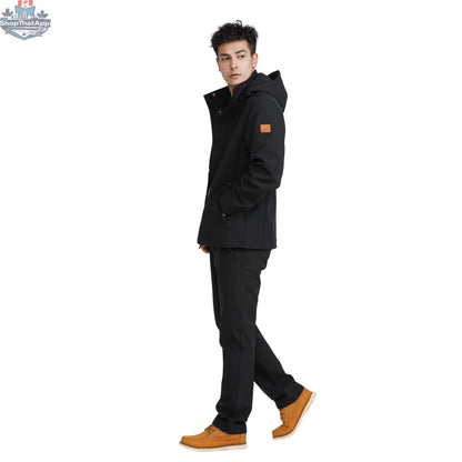 Black men's Northern Sun softshell jacket with side leather patch logo, offering comfort and versatile outdoor wear.