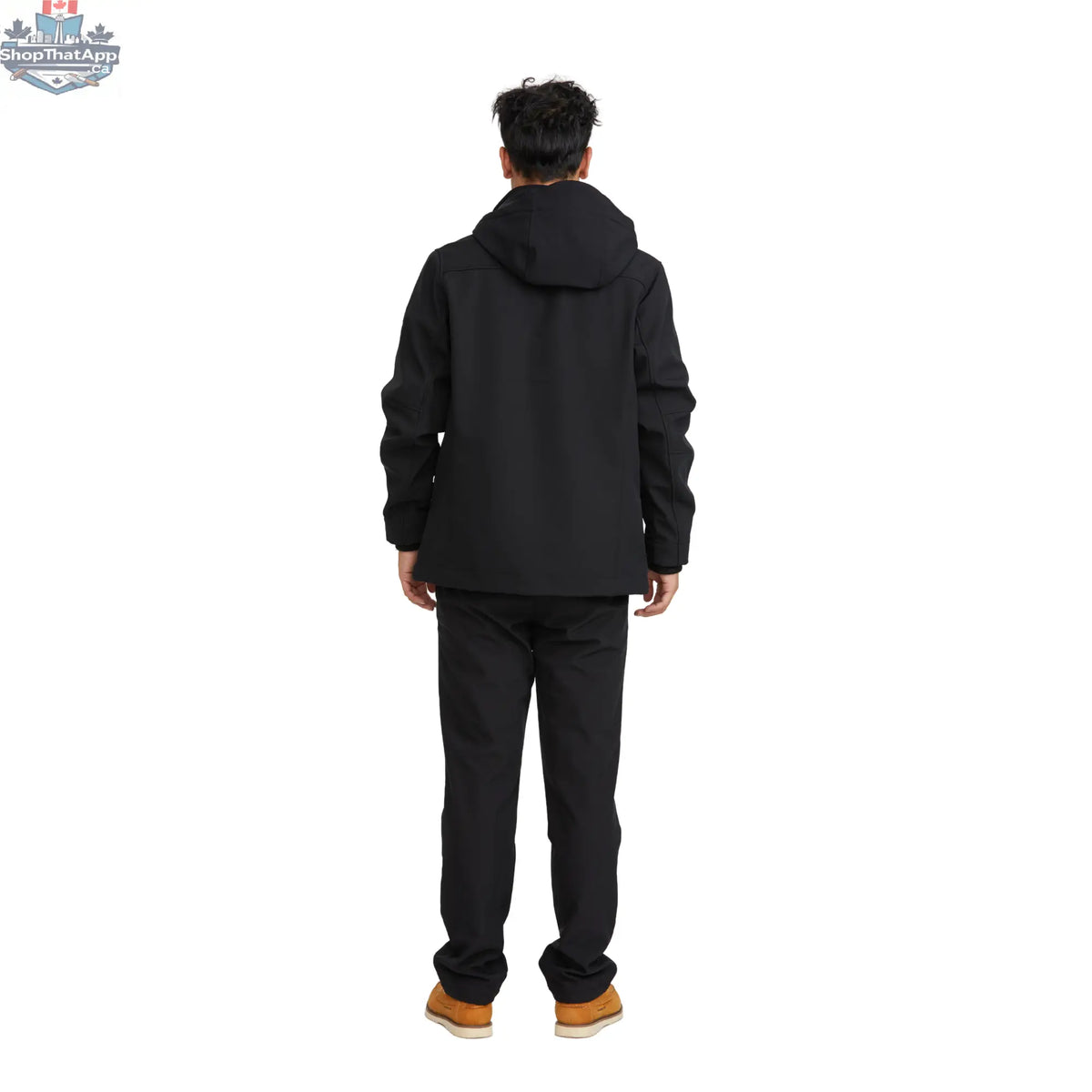 Northern Sun men's black softshell jacket showing water-resistant fabric and back design for comfort and versatility.