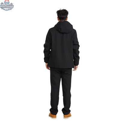 Northern Sun men's black softshell jacket showing water-resistant fabric and back design for comfort and versatility.