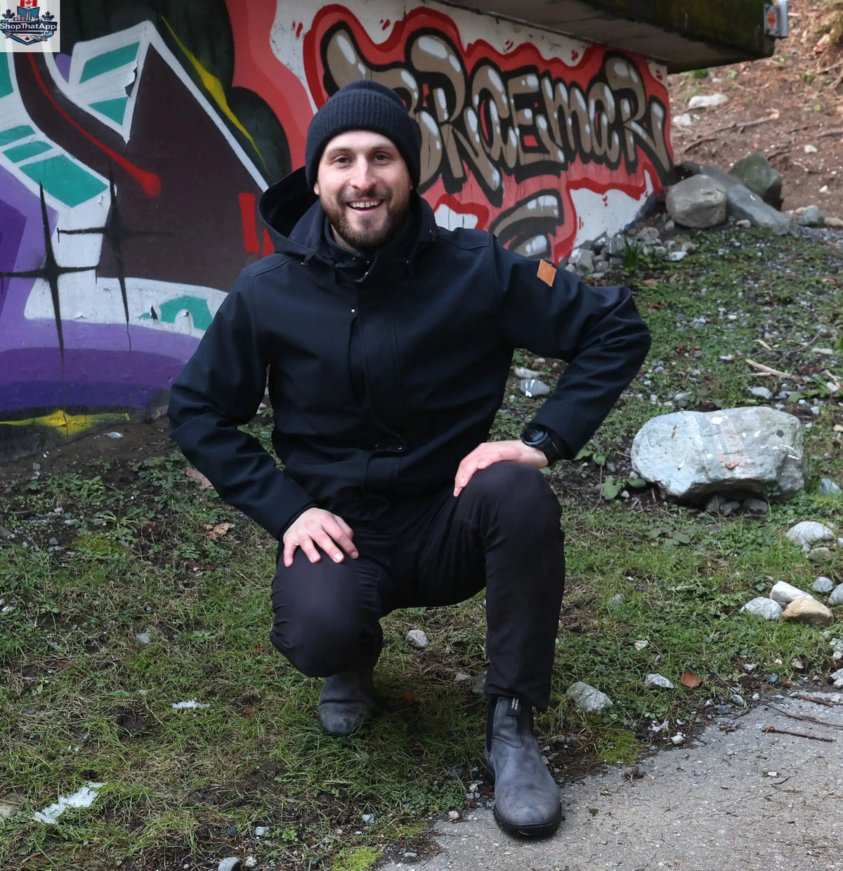Northern Sun men's black softshell jacket showing a casual city lifestyle style with a sleek, versatile design.