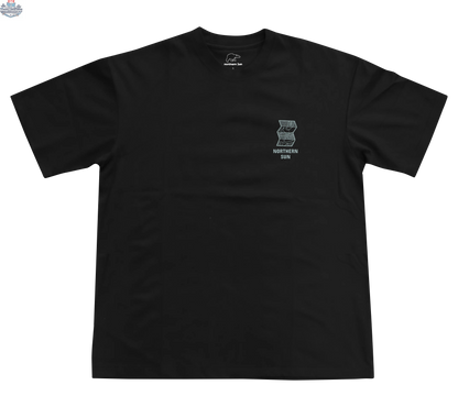 Black men's T-shirt from Northern Sun with a paddle graphic on the front, designed for comfort and casual style.