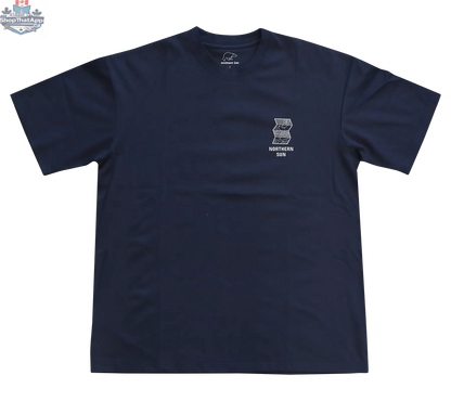 Navy men's T-shirt by Northern Sun with paddle graphic on front, showcasing casual style and comfortable fit.