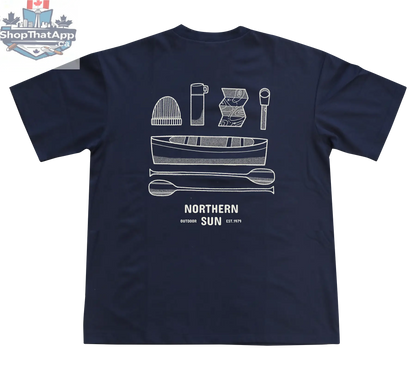 Navy men's T-shirt from Northern Sun with paddle-back design, made for ultimate comfort and casual style.